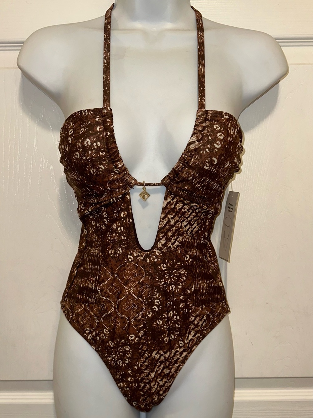 No Boundaries Brown Boho Printed Halter One-Piece Swimsuit